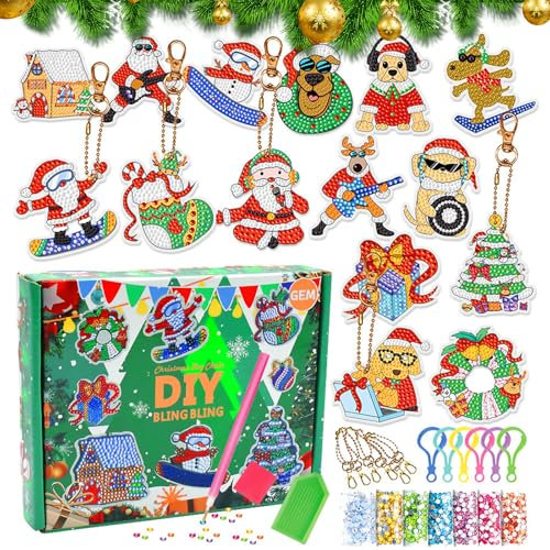 15Pcs 5D Diamond Painting Porte-Clés Enfant Noël,Diamant Peinture Pendentif,DIY Christmas Keychain Pendentif Porte-clés Bricolage Décorations,pour Salon Stickers Muraux Décor Maison,Sacs Décor