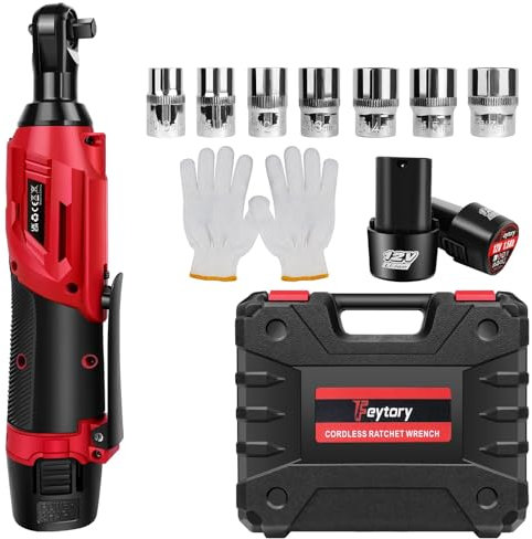 Compact Cordless Ratchet Wrench Set, 12V Electric Wrench Ratchet Cordless with 2 x 1500mAh Li-ion Batteries, 3/8'' Right Angle Torque Wrench 40N.m with 7pcs Impact Sockets for Home Auto Car Repair