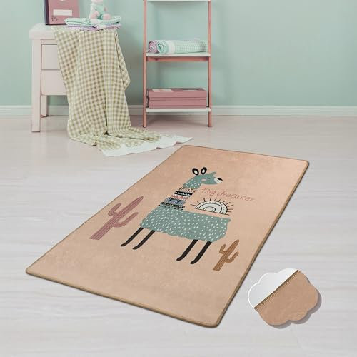 Bosdela Kinderteppich - und Babyteppiche – Vielfältige Designvariationen, waschbar, rutschfest, weich, ideal für Kinderzimmer & Spielzimmer 100x160 cm Lama Motiv