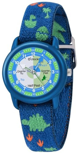 Timever Kinder Armbanduhr Mädchen Jungen mit Elastisches Stoff Armband,analoge Kinderuhr zum Lernen,Schmetterling Dinosaurier Floralen Motiven BlueDinosaur
