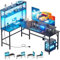 HLFURNIEU Bureau Gaming LED 170 x 100 cm, Bureau d'angle avec Rangement, Table Gamer avec Prise Intégrée & Port USB, Etagere en Hauteur, Table Gaming avec Support d'écran, Fibre de Carbone Noir