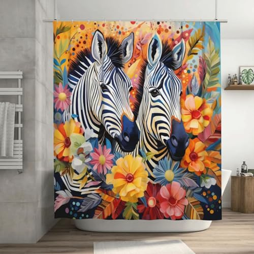 Mexpekil Duschvorhang, 183 x 183 cm, Kunst, Blume, Zebra-Tierdruck, wasserdicht, Badezimmervorhänge mit 12 Kunststoffhaken, Polyestergewebe, Duschvorhänge für Badezimmer, Badewanne