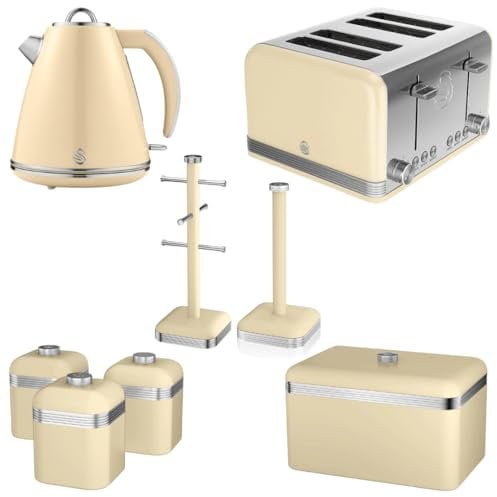 Swan Retro Matching Kitchen Set Jug Kettle, 4 Slice Toaster, Bread Bin, Set of 3 Canisters, Mug Tree & Towel Pole (Cream) Set of 8