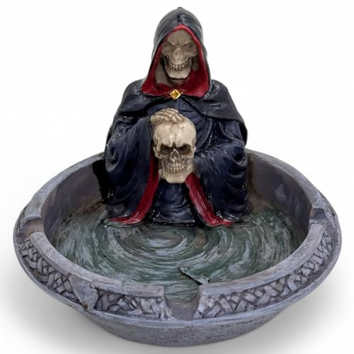 MIJOMA Gothic Aschenbecher – Sensenmann mit Totenkopf – rundes Polyresin Design – düsteres Dekoobjekt für Horror Fans, Lounge und Regal
