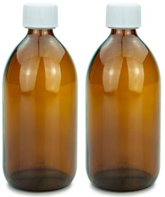 SterlingSquare 500ml Amber Glass Bottles with White Medicap Lids - Child Resistant Closure, Refillable & Reusable - Travel-Sized Strong Medicine Bottles, Eco-Friendly with Recycled Glass – Pack of 2