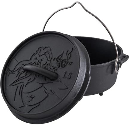 Feuergott Dutch Oven 1,5L mit Füßen – Gusseiserner Feuertopf für Lagerfeuer, Dreibein, Bushcraft, Camping, Outdoor Küche – Mini Schmortopf für Schichtfleisch, Brot, Beilagen, Trekking, Glut, Grill