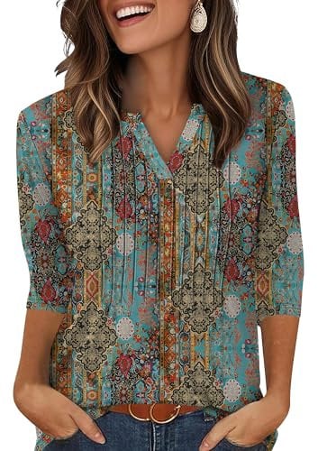 XIEERDUO Womens 3/4 Sleeve Tops Ladies Blouse V Neck Tunic Long Sleeve T Shirts Curved Hem Office Blue Prints Size 14-16 for UK