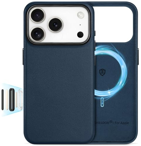 SHIELDON Genuine Leather Case for iPhone 17 Pro 6.3 2025, Navy Blue | for MagSafe, Magnetic Wireless Charging, Updated Camera Button, Non-Slip, Anti-Scratch, Comfort Grip, Slim Protective Cover