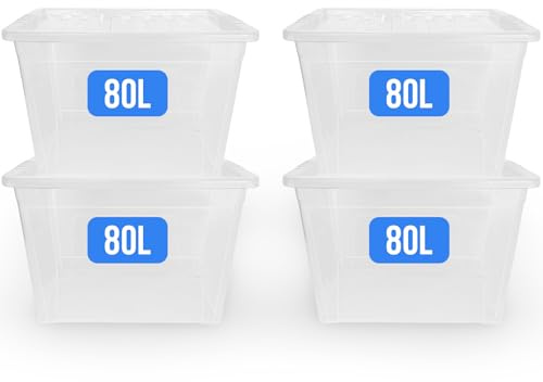 KAPCO Storage Solutions – 4 x 80L Extra-Large Plastic Storage Boxes with Lids | Big Stackable Long Tubs for Home Moving Boxes, Loft & Garage Declutter | Shatter-Resistant & BPA Free Chest | 80 Litre