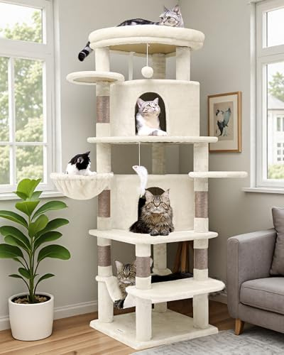 Globlazer Kratzbaum Ecke Beige Groß, Eckkratzbaum Stabil hoch 167 cm mit 2 Sektor Katzenhaus, Gepolsterte Plattform, Hängematte, Korb, Kratzbaum für 3-4 Erwachsene Katzen Innen (C66, Beige Braun)