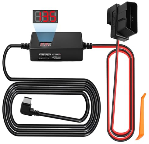 Dash Cam Hardwire Kit USB C to OBD Power Cable for Dash Camera Cars GPS Hard Wiring Kit 12V-24V to 5V with LCD Display Parking ACC Mode 3 Stage Low Voltage Protection 24 Hours Surveillance
