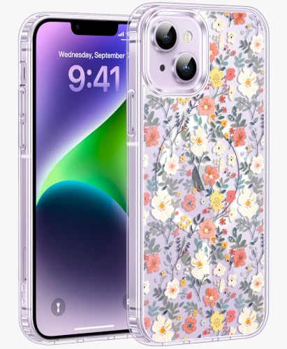 Jkvare for iPhone 14 Case, Crystal Clear Aesthetic Pattern Wireless Magnetic Protective Phone Cover for Women Girls - Vintage Floral