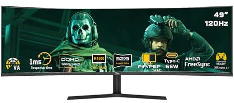 Twisted Minds TM49CDQHDVA 49 Ultra-Wide Curved Gaming Monitor – 5120×1440 WQHD, 120 Hz, 1 ms, HDR10, FreeSync/G-Sync, 1500R Curve, HDMI 2.1, USB-C 65W, Built-In Speakers