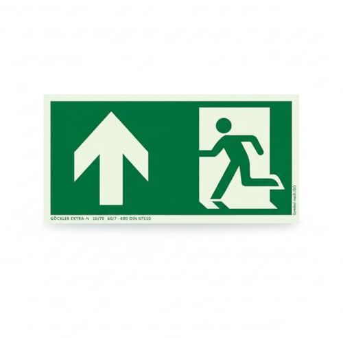 Mucola Notausgangsschild Fluchtwegschild nachleuchtend Pfeil oben 30x15 cm | Grünes Piktogramm leuchtet bei Stromausfall, Montage mit Klebeband oder Schrauben möglich, Büro, Lager, Hotel, Innenbereich
