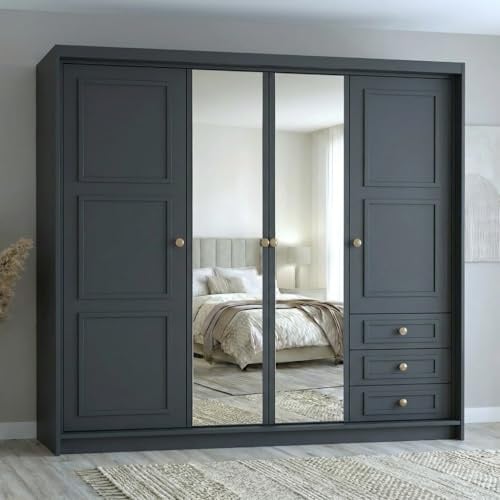 A&J MöbelLand Oslo Kleiderschrank 4-türig mit 3 Schubladen – 200 x 215 cm – Drehtürenschrank mit Kleiderstange und Einlegeböden, Modernes Design mit Metallgriffen