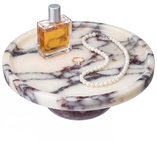 Ferrochef Marble Decorative Tray, Calacatta Viola, Pedestal Tray, 7.1 | 7.1 Round Solid Marble Pedestal Tray with Raised Ball Feet for Bathroom Vanity, Kitchen, Jewelry, Perfume and Candle Display