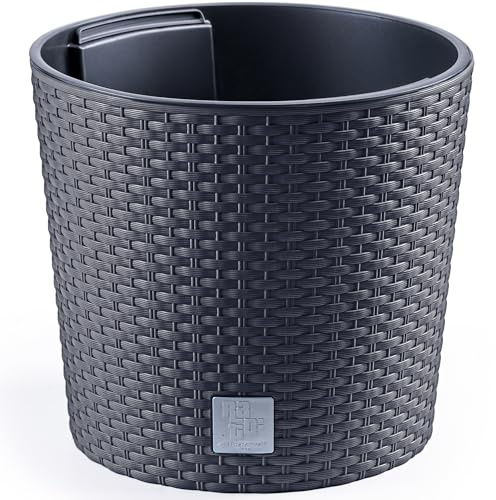 KONZEPT Blumentopf 30 cm Durchmesser mit Einsatz – Pflanzkübel 15 L mit Drainagesystem, Übertopf 27 cm hoch in Rattan-Optik, UV- & wetterbeständig, für Innen, Balkon, Terrasse & Garten, Anthrazit