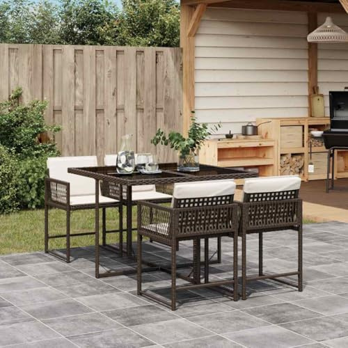 RJPLMFV - Conjunto de jardín (5 unidades), color marrón | Mesa de cristal templado, respaldo abatible, funda extraíble lavable, almacenamiento compacto