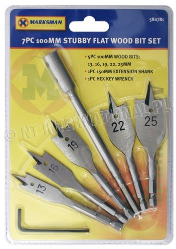 7PC 100MM Stubby Flat Wood BIT Set Drill Extension Short New HEX Key Wrench Work