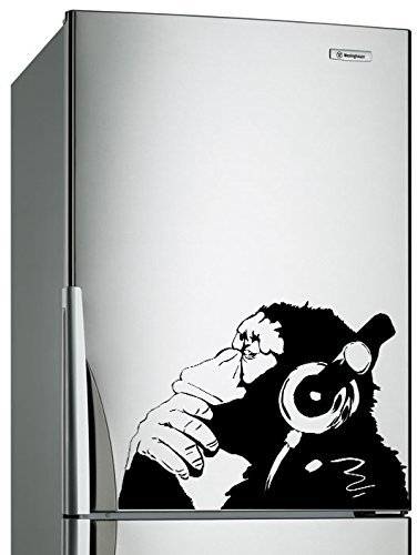 (40x28 cm) Banksy Vinyl Wand Aufkleber AFFE Mit Kopfhörer/Eine Farbe AFFE Abhör Musik in Kopfhörer/Street Graffiti Aufkleber + Gratis Aufkleber Geschenk