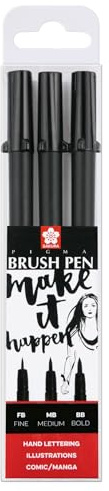 SAKURA Pigma Pinselstifte Set - 3 Größen Schwarz - Langlebige Federn - Permanente wasserfeste Tinte - Ideal für Illustration, Journaling, Skizzieren, Gummistempel, Comic Art