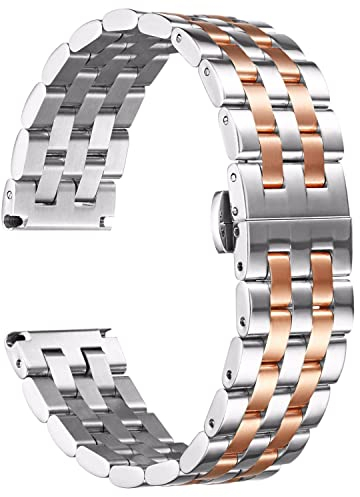 BINLUN Edelstahl Uhrenarmband Poliert Metall Uhrenarmbänder 18mm 19mm 20mm 21mm 22mm 24mm Smartwatch Ersatzarmband für Herren Damen Metallarmband mit Geraden und Gebogenen Ende (Silber-roségold,22mm)