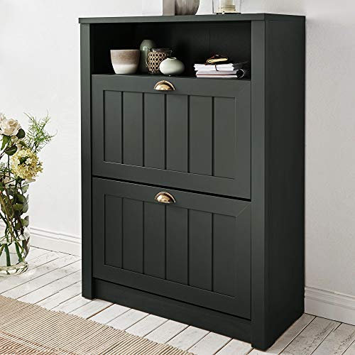 Lomadox Landhaus Schuhschrank in englisch-grün 80cm mit 2 Schuhklapppen