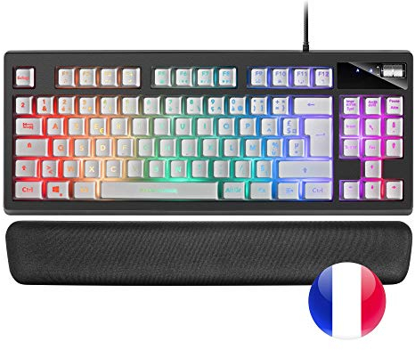 Mars Gaming MKAXWFR Teclado Compacto TKL H-Mech, Iluminación RGB 9 Efectos, Reposamuñecas Gel, Blanco, Idioma Francés