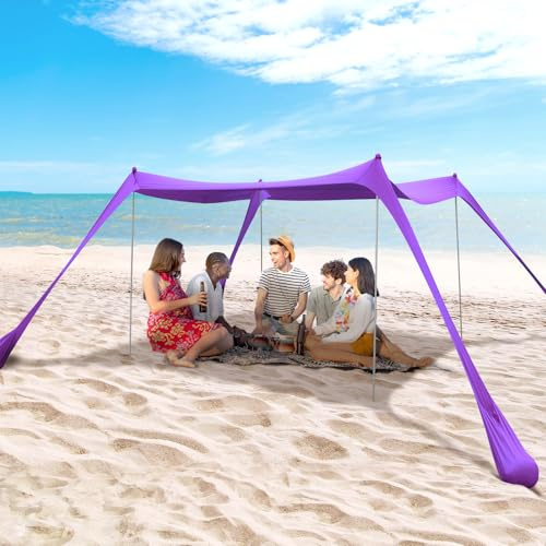 BOTINDO Familien-Strandzelt, Pop-up-Strandzelt in Übergröße, Sonnendach mit 4 stabilen Pfosten und tragbarer Tragetasche – Outdoor-Schatten für Angeln, Garten und Camping (Lila, 3 × 3 m, 4 Pfosten)