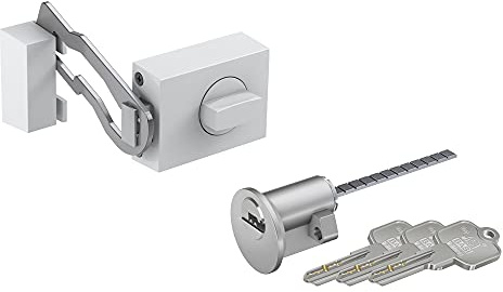 BASI | SET aus Türzusatzschloss mit Sperrbügel und Außenzylinder | Drehknauf | Zylinder mit Wendeschlüssel | massiver Riegel | Zusatzsicherung für Haus- und Wohnungstüren | Dornmaß 45 mm | Eckig
