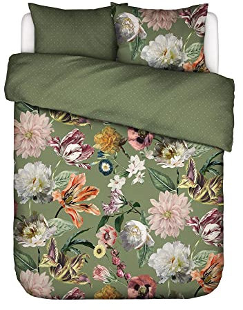 ESSENZA Bettwäsche Filou Forest Green Satin Blumen Blüten Dahlien Tulpen Floral Geblümt Sterne Waldgrün Grün, Größe:200 cm x 200 cm