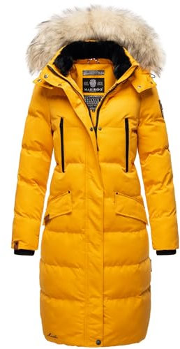 MARIKOO lange Damen Winterjacke warmer Parka gesteppt mit Kapuze B890 [B890-Schneestern-Gelb-Gr.XS]