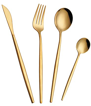 16 Pièces Ensemble de Couverts Or Pour 4 Personnes - Comprend Couteau, Fourchettes, Cuillères et Cuillère à Thé