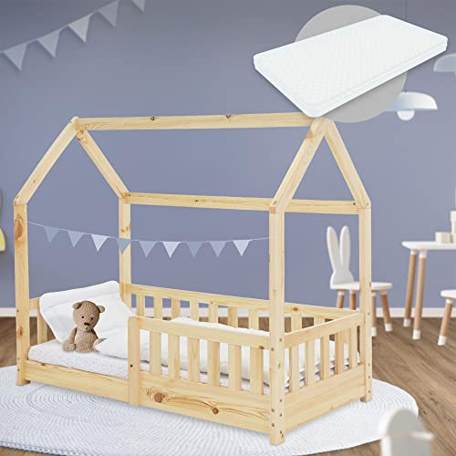 ML-Design Cama Infantil Casa Natural 70x140 cm de Madera de Pino con Colchón de Espuma Fría, Protección Anticaída y Techo, Somier de Listones, Cuna de Suelo, Lecho para Niño Forma de Casita de Juego