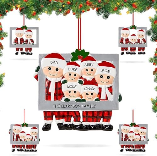 Christmas Tree Decorations,Christmas Tree Pendant Xmas Decoration, Family Photo Frame Fireplace Ornament, Resin DIY Name Xmas Pendant Decoration Souvenirs for Friends Kids (Family of 6)