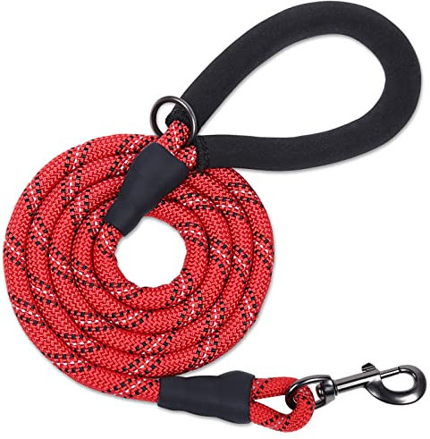 VIVAGLORY Laisse Solide en Corde pour Chien avec Poignée Rembourrée en Néoprène Doux et Fils Réfléchissants, Laisse de 180CM pour Entraînement et Promenade de Chiens Moyens et Grands, Rouge