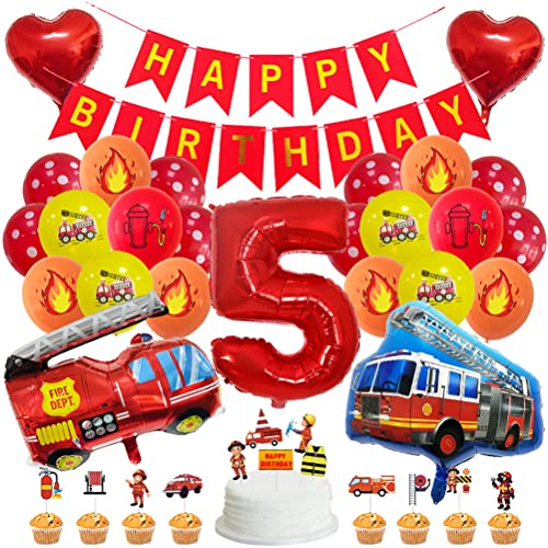 MiaLover Geburtstag Dekoration Set Happy Birthday Banner Folienballon 5.Geburtstag Luftballon Latexballon Feuerwehr Deko Cake Topper für Feuerwehrauto Themen Party Deko Birthday Decoration