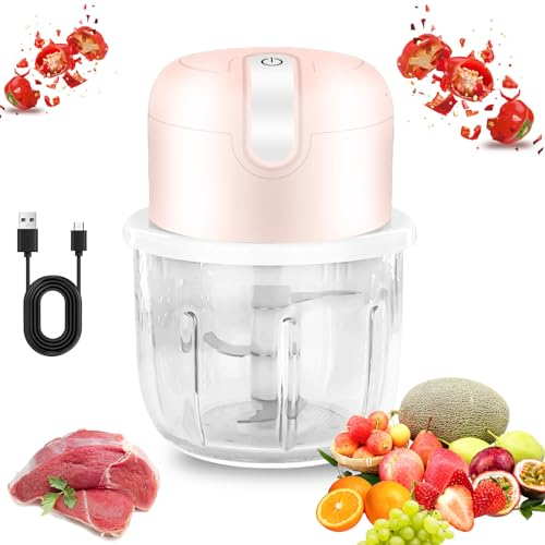 Zerkleinerer Küche Elektrisch, Aicharynic Mini Zwiebelschneider mit USB-Anschluss Zwiebel Zerkleinerer 250 ml Wiederaufladbarer Akku mit Edelstahlklinge für Zerkleinern, Schneiden und Hacken(Rosa)