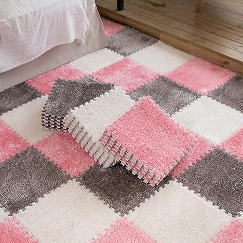 36 Stück Quadratische, Ineinandergreifende Teppichfliesen, Plüschschaum-Bodenmatte, Teppiche Für Zuhause, Spielzimmer, Wohnzimmer, Halten Warm, 12x12x0,23 Zoll(Color:Rosa+Beige+Grau)