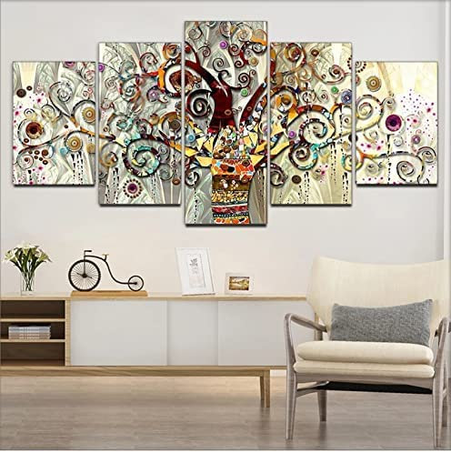 Stampe Su Tela 5 Pannelli Parete Murale Quadri Moderni, Pittura Immagini Stampe Collage Albero Astratto Della Vita (Con Cornice 150 X 100 Cm) 5 Pezzi Quadro Su Tela Decorazione Per Soggiorno-0S1K/G9W