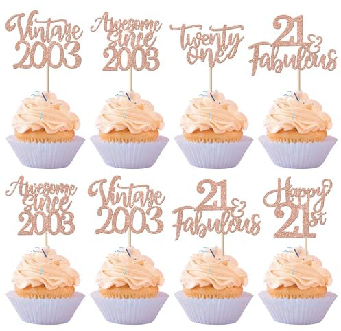 SYKYCTCY 30 Pack Vintage 2004 Cupcake Toppers Glitter Happy 21st Twenty-one Awesome Since 2004 Cupcake Picks 21 Fabulous Cake Decorations for 21st Birthday Wedding Anniversary Party Supplies Rose gold
