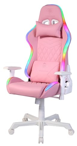 DELTACO GAMING Silla de Gaming RGB PCH90 – Silla Gamer con reposabrazos, Respaldo, cojín, Silla de Oficina ergonómica, Silla Gaming, iluminación RGB, Piel Vegana, 120 kg, (GAM-080-P) Rosa