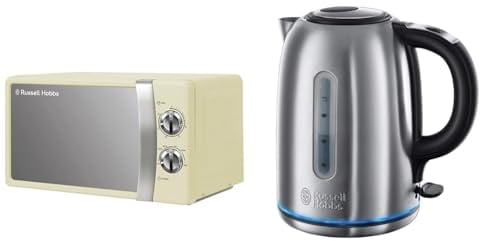 Russell Hobbs RHMM701C 17 Litre 700 W Cream Solo Manual Microwave with 5 Power Levels, Ringer&Timer & Brushed Stainless Steel Electric 1.7L Cordless Kettle (Quiet & Fast Boil 3KW