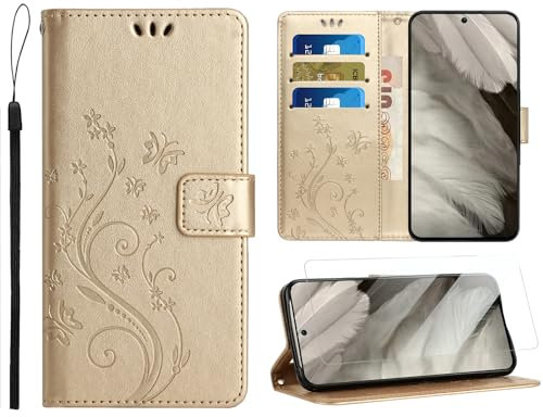 Anshow for Google Pixel 8A Wallet Case with Screen Protector, with Wrist Strap, Flip Leather Case with Cards Holder Phone Case with Kickstand Cover for Google Pixel 8A, Gold