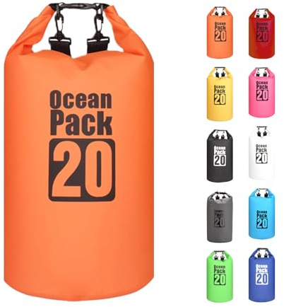Morainjay 20L Wasserdichter Beutel, Orange Dry Bag mit Verstellbarem Gurt, Schützt Telefon/Karte, Roll Top Rucksack für Schwimmen/Rafting/Bootfahren