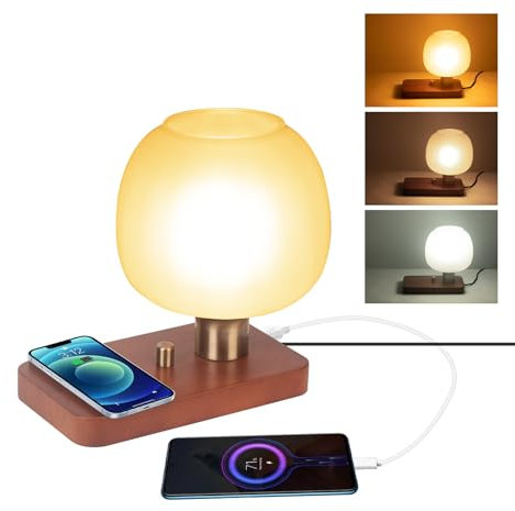 lianheng Nachttischlampe mit Ladestation, kleines Nachtlicht mit USB-Anschluss, braune Holzpalette Glasabdeckung Schreibtischlampe Tischlampe