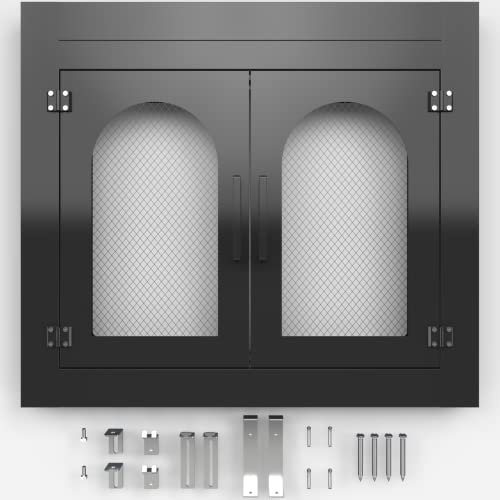 HAYOHRT Puerta de cristal para chimenea de 37.5 x 33 pulgadas, pantalla de chimenea con puertas, puertas de malla, protector de chispas de fuego, puertas magnéticas, chimenea de mampostería negra, se