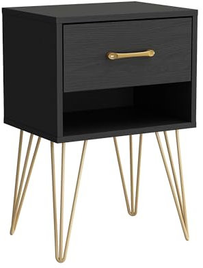 Caldion Nachttisch mit 1 Schublade, Nachtschrank mit Griff, Beistelltisch, Metallbeine, Offene Ablage, für Wohnzimmer Schlafzimmer, Schwarz und Gold, 40x30x60cm, MDF Metall
