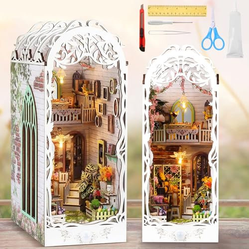 Bocguy Book Nook Kit, casetta da giardino fai da te in miniatura con mobili e luce a LED, casa delle bambole fai da te in legno, serra 3D puzzle in legno, Booknooks, Diorama, modellismo per adulti,