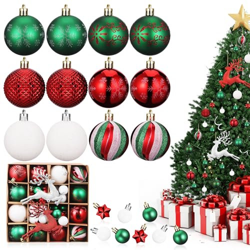 Fentar 46 Pezzi Palline di Natale, Set di Palline Natale Rosse Bianche e Verdi, 3 & 6 CM Addobbi Albero Natale con Due Diversi Ciondoli a Forma di Alce, Fornire Atmosfera Festosa (11 Tipi Modelli)